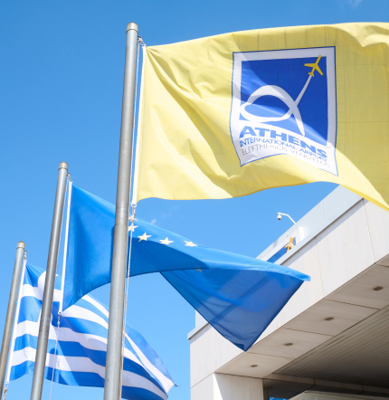 Greek, european and Athens International Airport flag