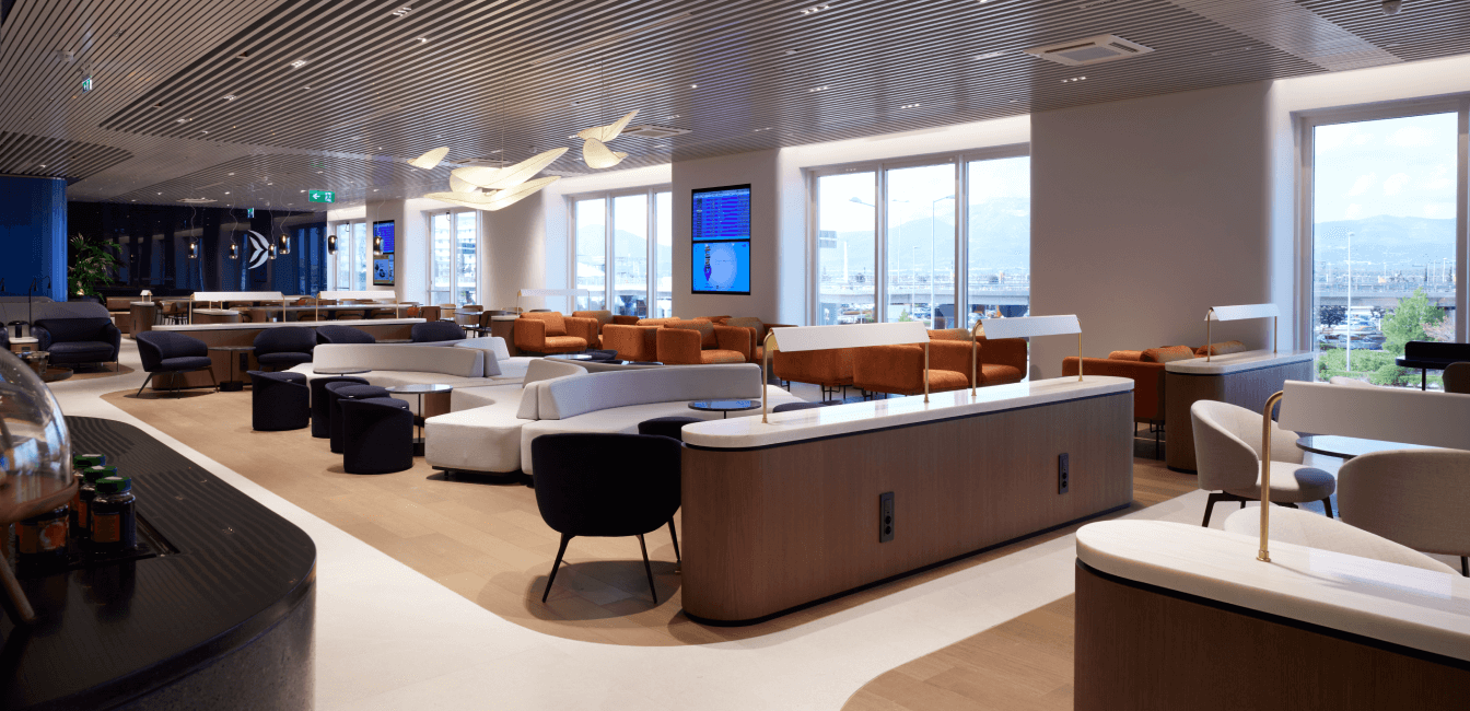 Business lounge area with windows